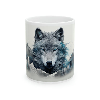 Wolf watercolor winter scene, Ceramic Mug, 11oz