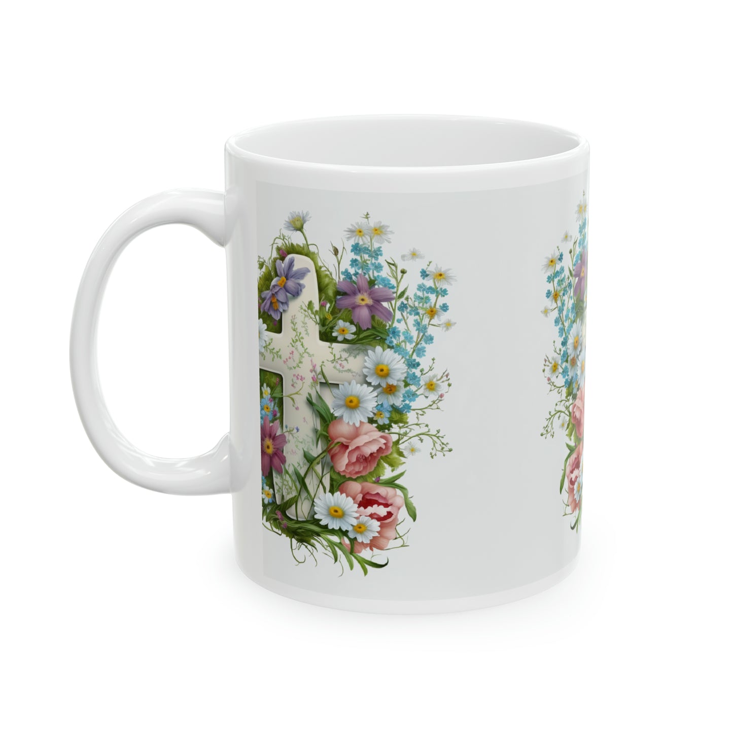 Cross Easter Spring Flowers, Ceramic Mug, 11oz