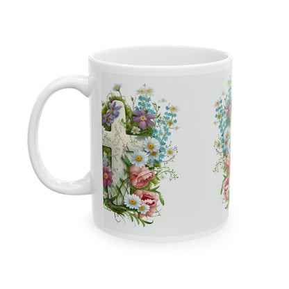 Cross Easter Spring Flowers, Ceramic Mug, 11oz