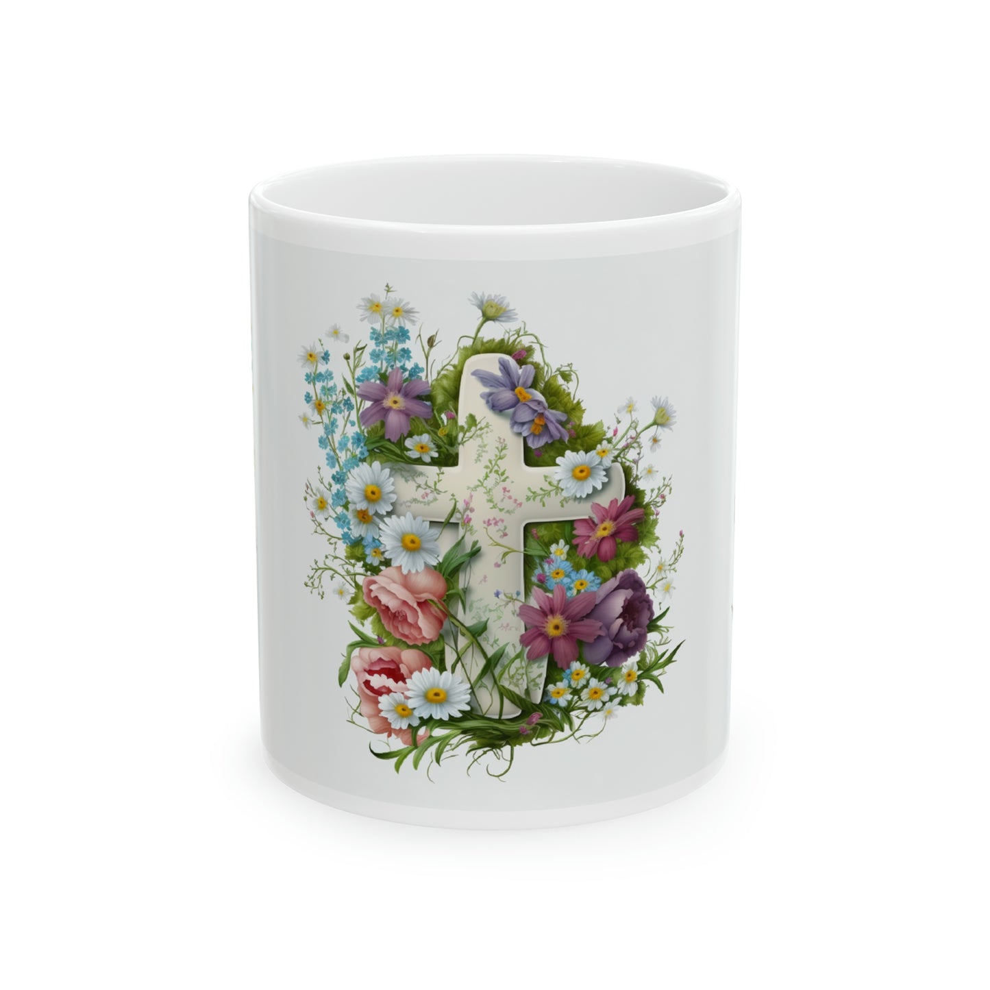 Cross Easter Spring Flowers, Ceramic Mug, 11oz