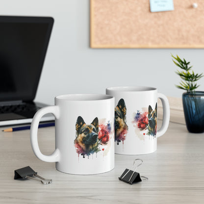 Dog Watercolor Valentine Flowers, Ceramic Mug, 11oz