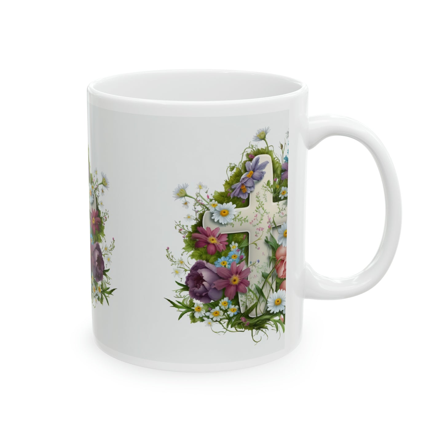 Cross Easter Spring Flowers, Ceramic Mug, 11oz