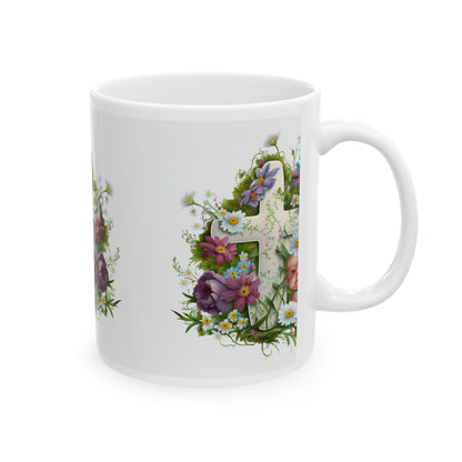 Cross Easter Spring Flowers, Ceramic Mug, 11oz